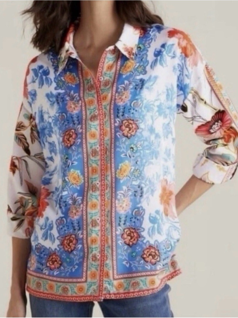 Soft Surroundings Samara Floral Blouse Roll Tab Sleeve 100% Modal Multicolor Top